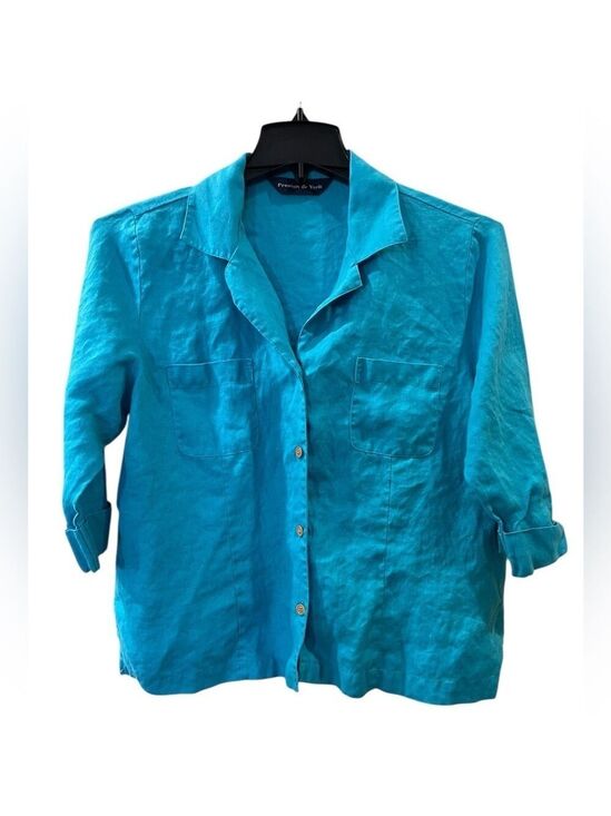 Preston & York Tops - Preston & York Women’s Turquoise 100% Linen 3/4 Sleeve Button Up Shirt Size: 14